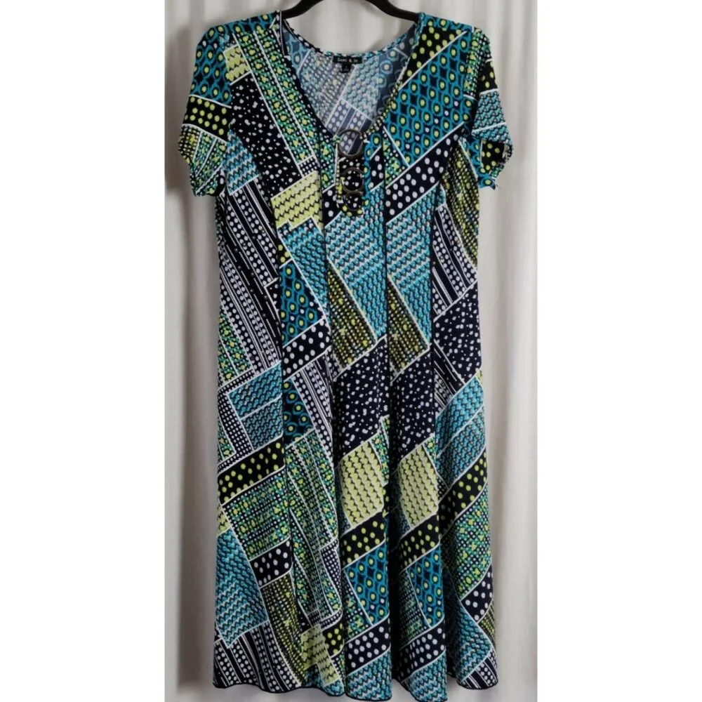 Sami & Jo Dress Geometric Abstract Midi Sz L Fairy Grunge Swiss Dot artsy BOHO